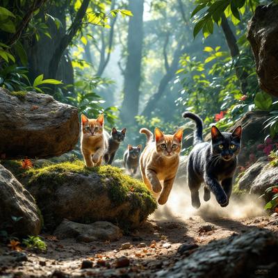 The primary subject of the image is a group of cats running through a forest. There are a total of nine cats in the scene, with some of them running in the foreground and others further back in the scene. The setting is a forest with trees and rocks, providing a natural and serene backdrop for the cats. The visual style of the image is a combination of photo and digital art, creating a realistic yet artistic representation of the cats in their environment. The colors and mood of the image are pre